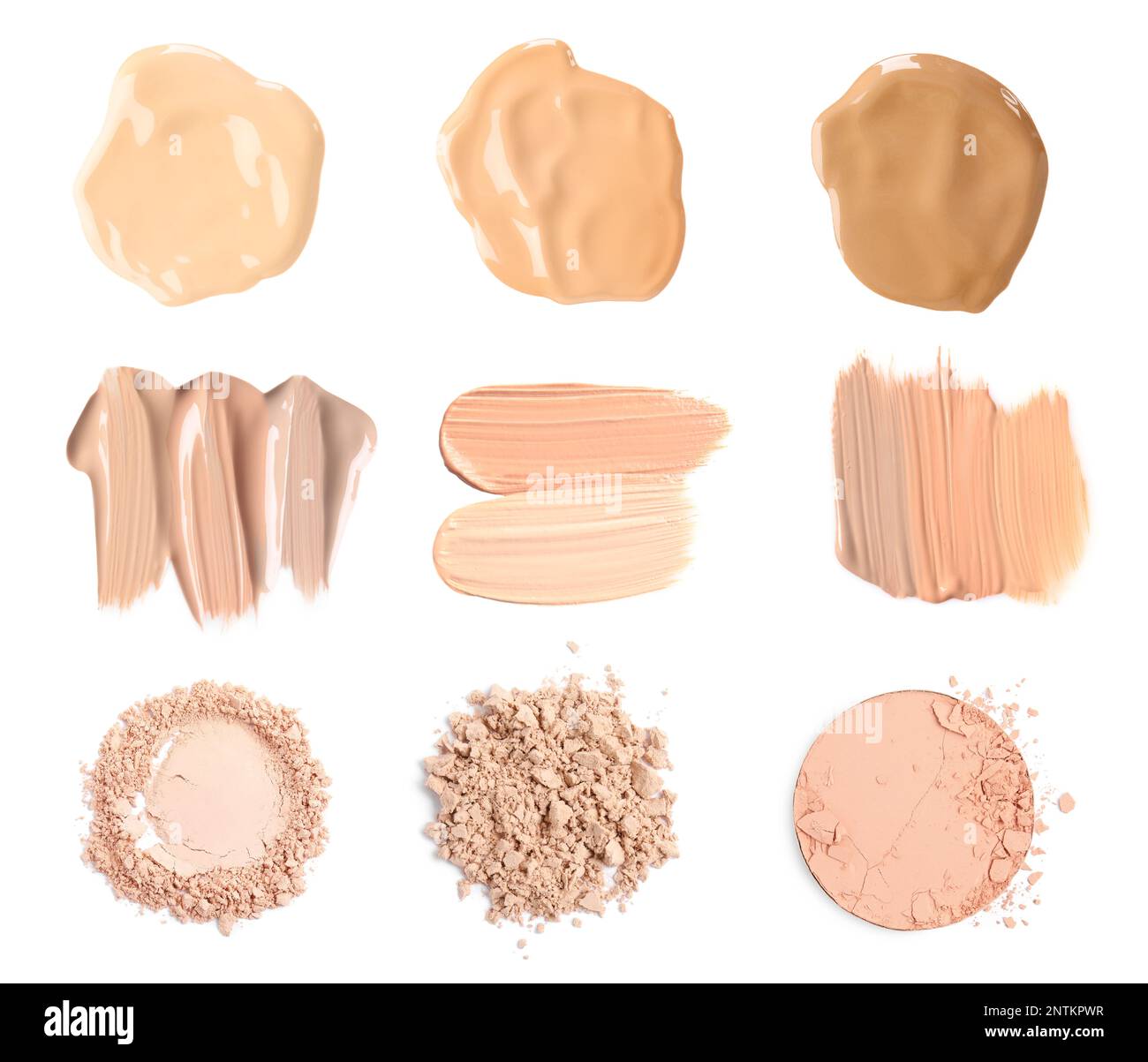 Set with different liquid foundation and face powder on white background, top view Stock Photo