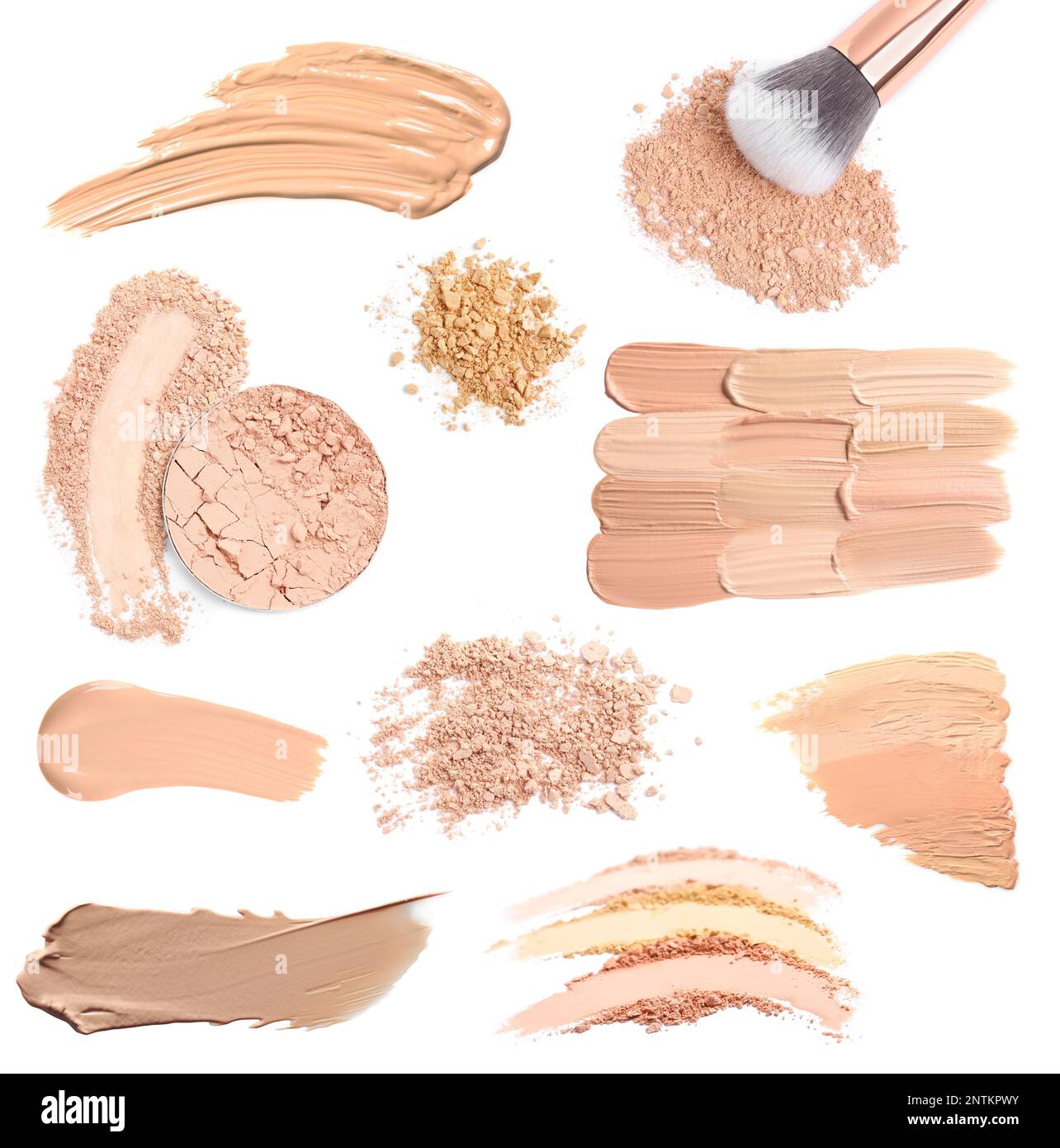 Set with different liquid foundation and face powder on white background, top view Stock Photo