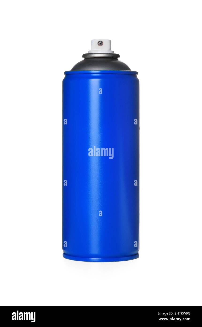 Can of blue spray paint isolated on white. Graffiti supply Stock Photo