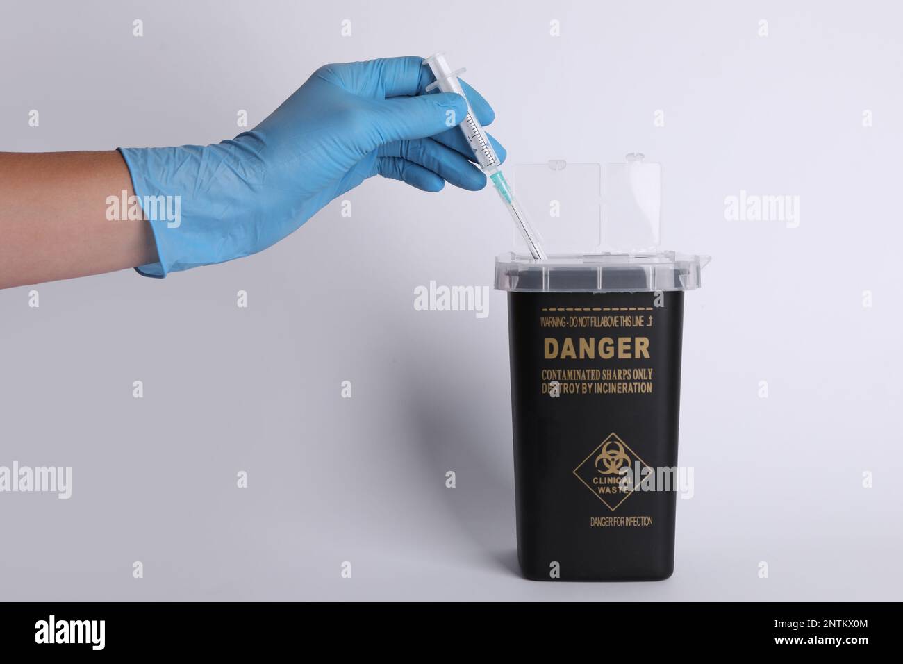 Doctor throwing used syringe into sharps container on white background