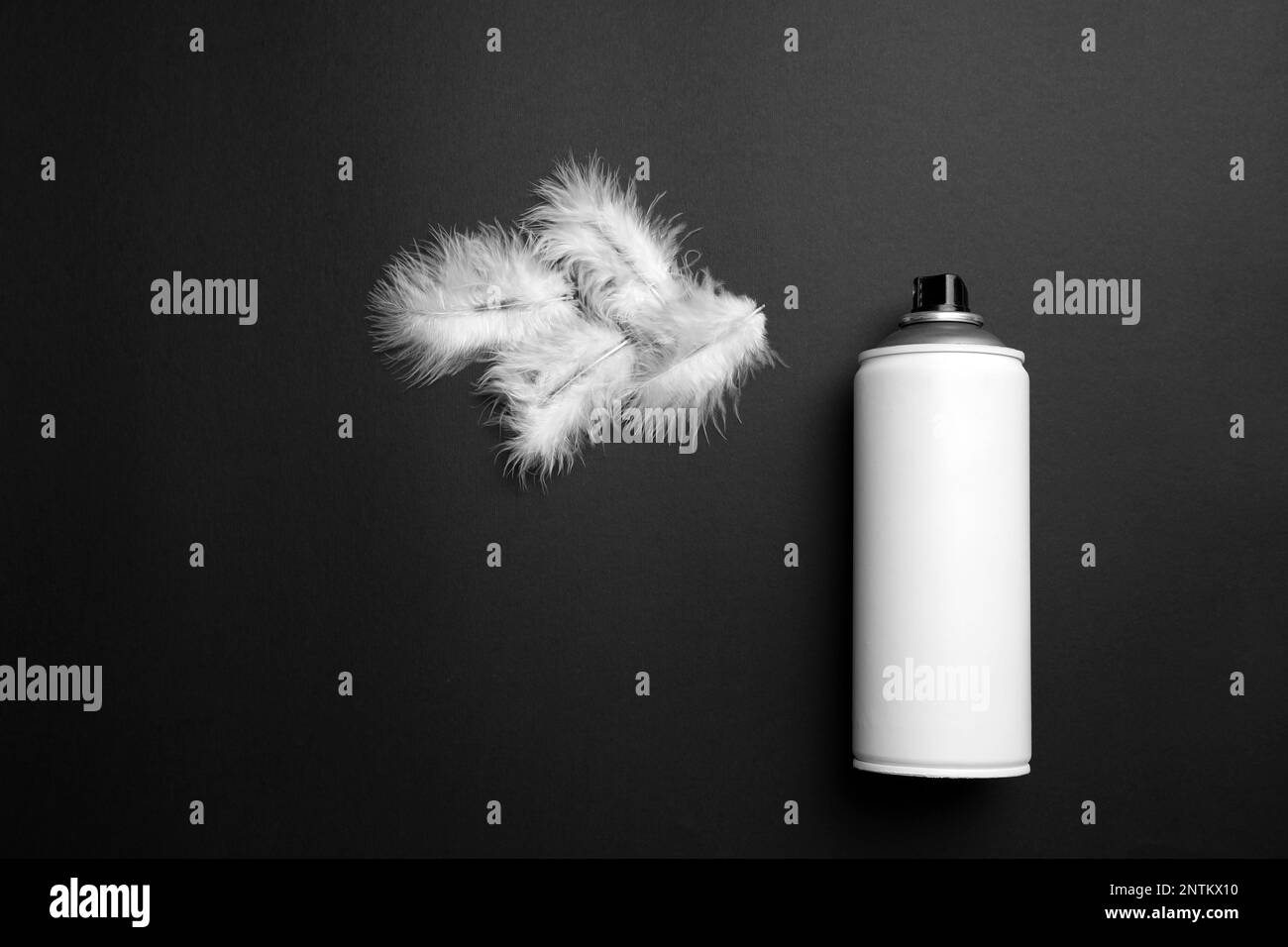 Can of spray paint and feathers on black background, flat lay. Graffiti