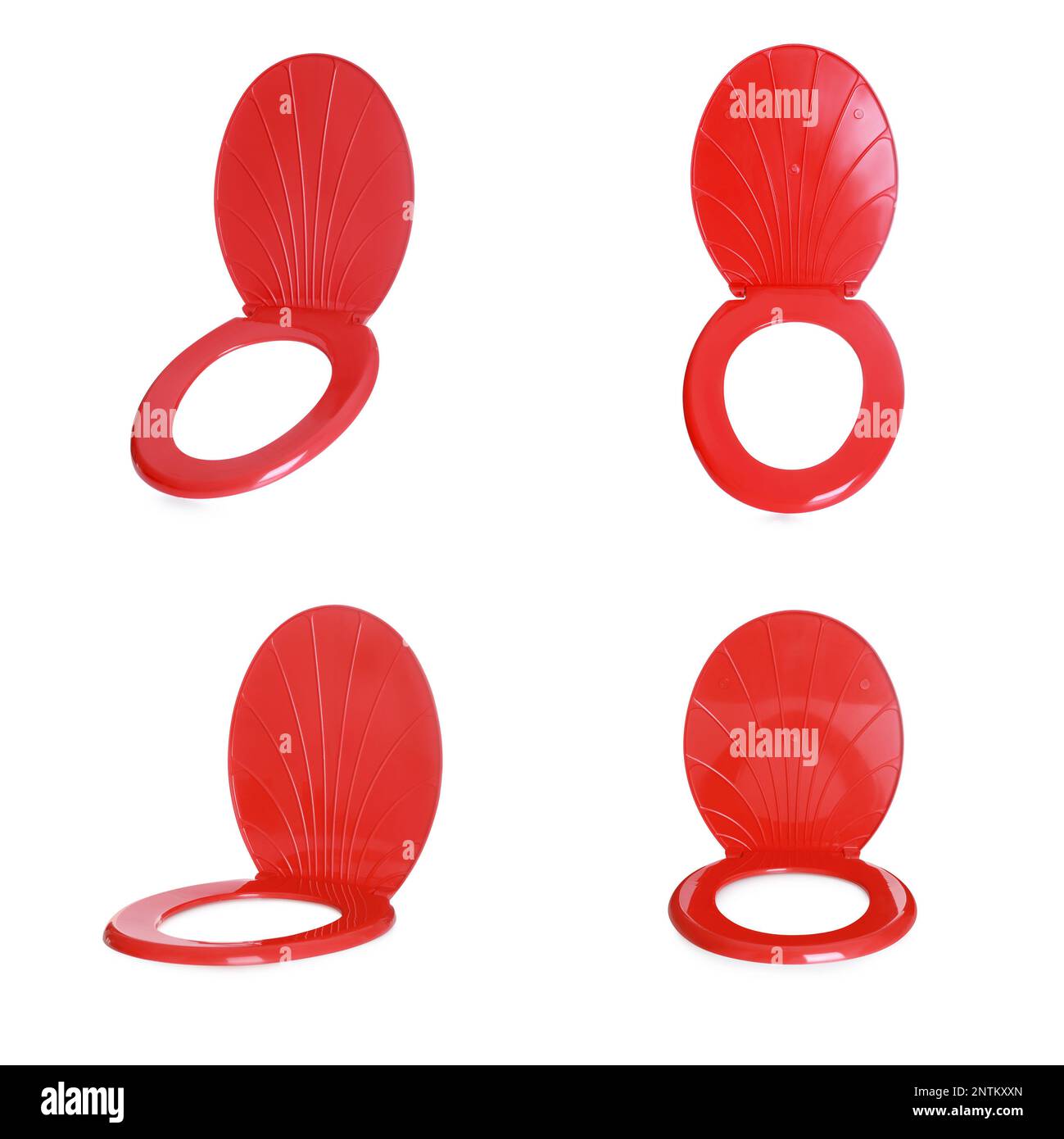 Set with red plastic toilet seats on white background Stock Photo Alamy