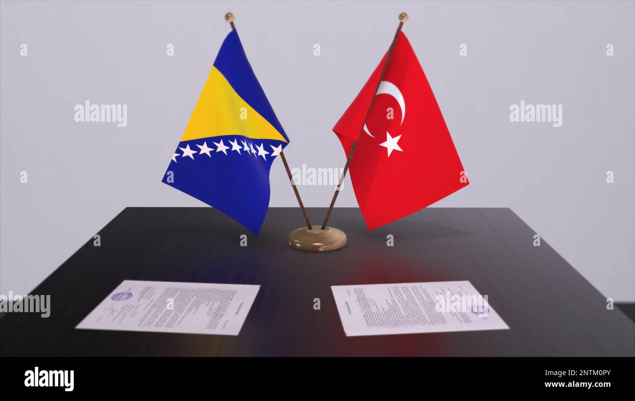 Bosnia and Herzegovina and Turkey flags at politics meeting. Business deal 3D illustration. Stock Photo