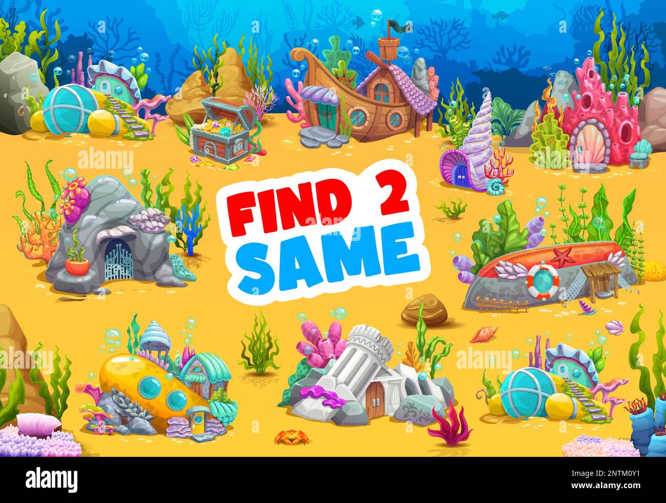 Find two same cartoon underwater building on bottom. Vector educational