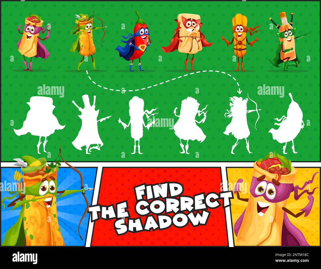Find the correct shadow of mexican food superhero characters retro ...