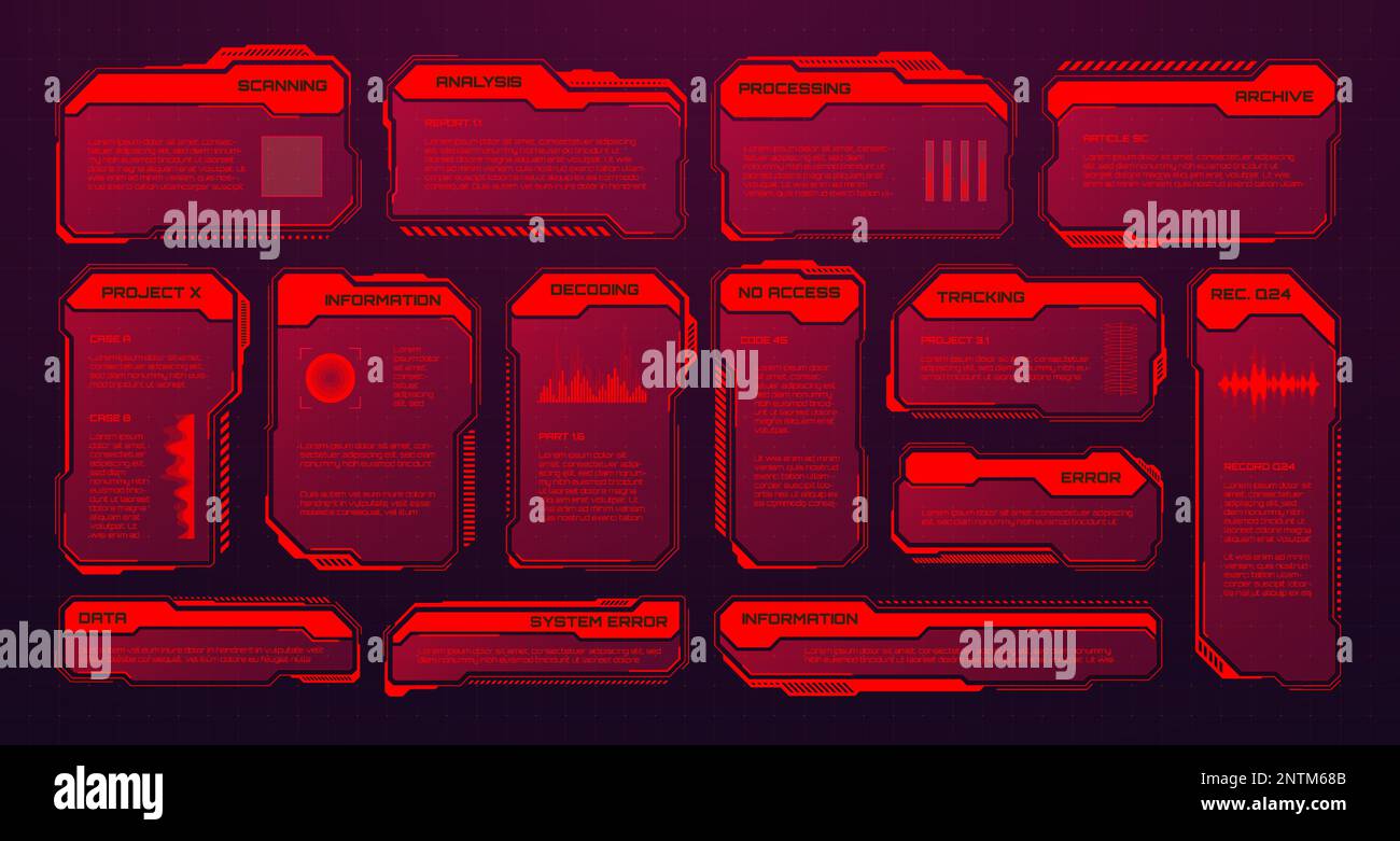 Red futuristic HUD or UI elements. Sci-fi user interface text boxes ...