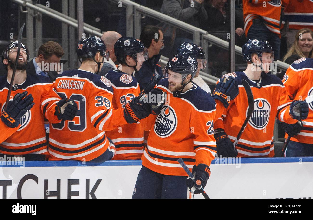 Edmonton Oilers' Leon Draisaitl (29) celebrates a goal against the San