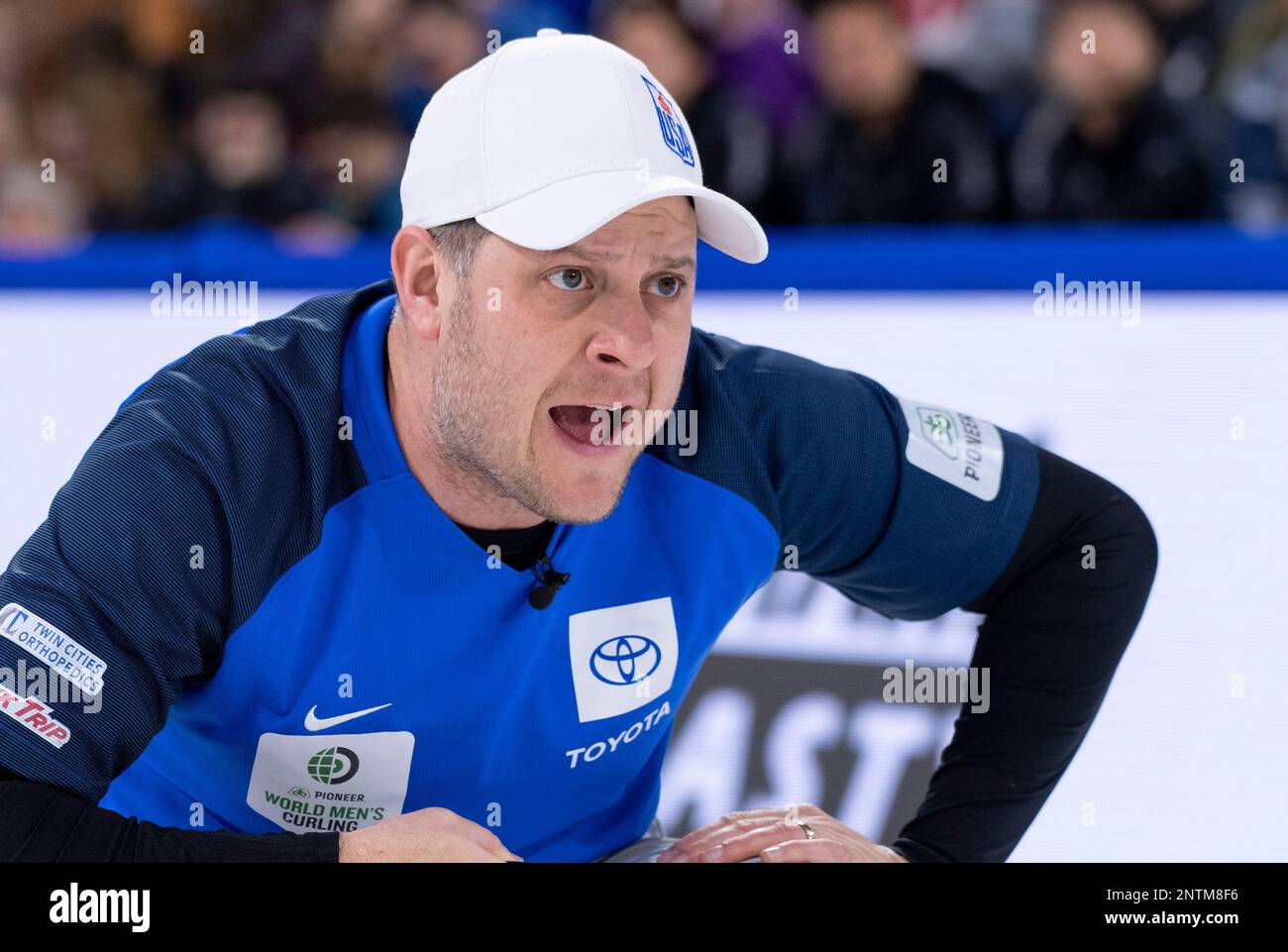 United States skip John Shuster calls for the sweep during their game