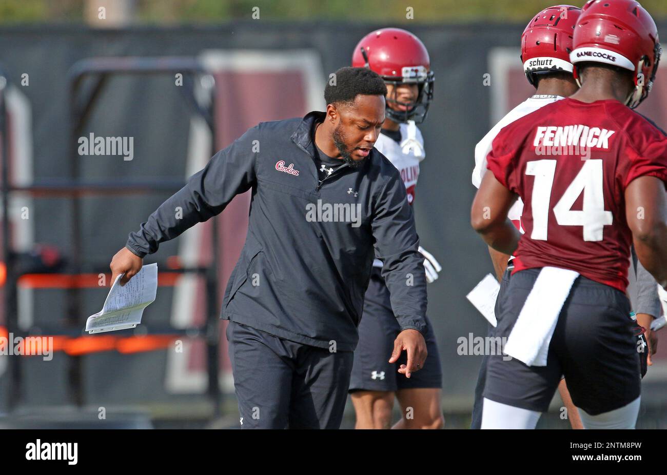 South Carolina running backs coach Thomas Brown directs players during