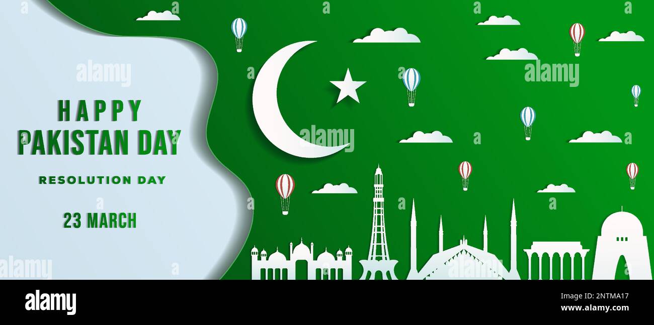 Pakistan day in paper art style horizontal banner with Pakistan