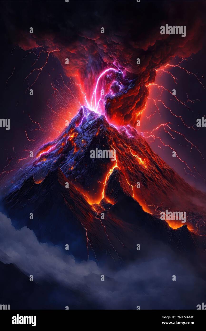 The explosive moment when a massive volcano erupts, sending a plume of