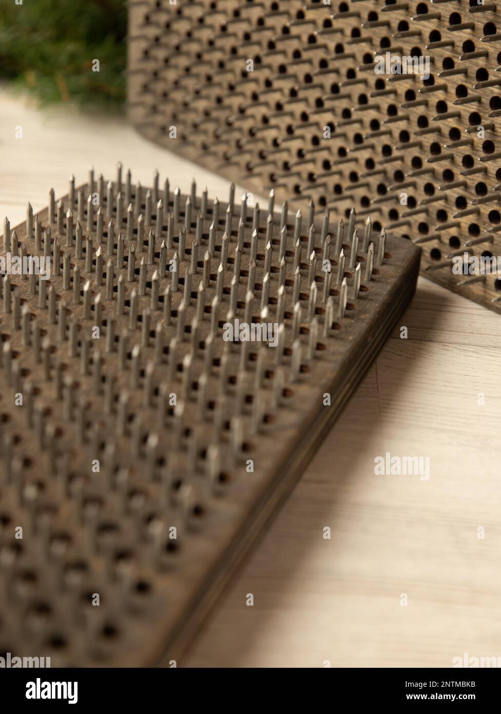 Woood brown Sadhu board, Bed of Nails. Yogic exercise. Fire Meditation