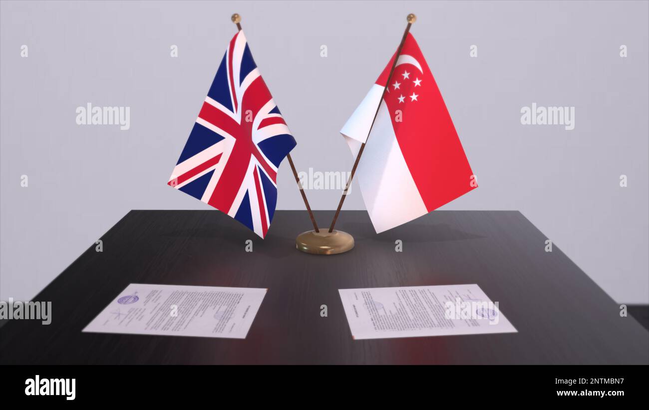 Singapore and UK flag. Politics concept, partner deal beetween countries. Partnership agreement of governments 3D illustration. Stock Photo