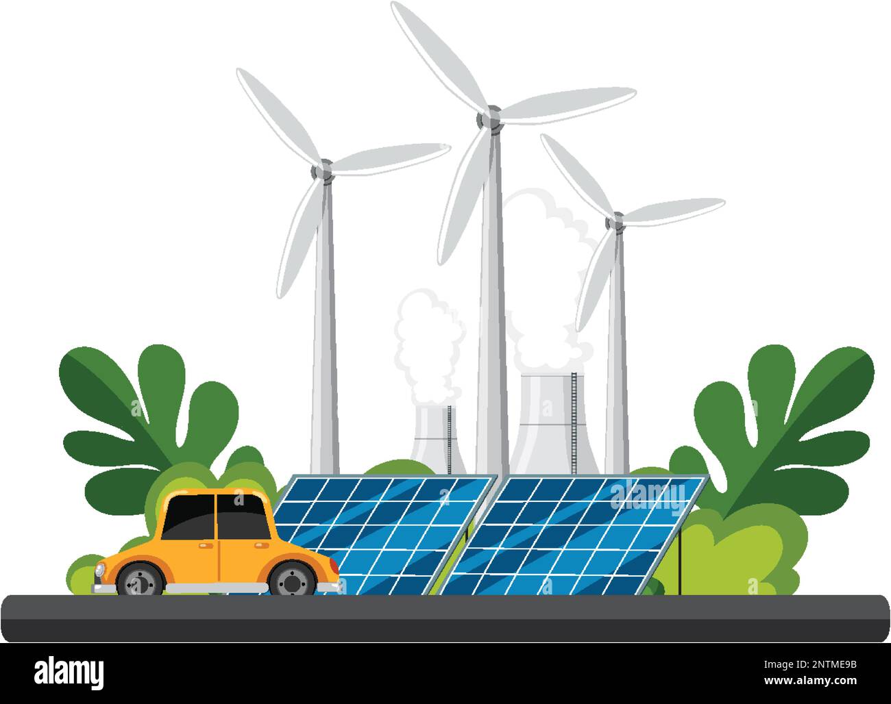 Green energy concept with solar panels and wind turbines illustration ...