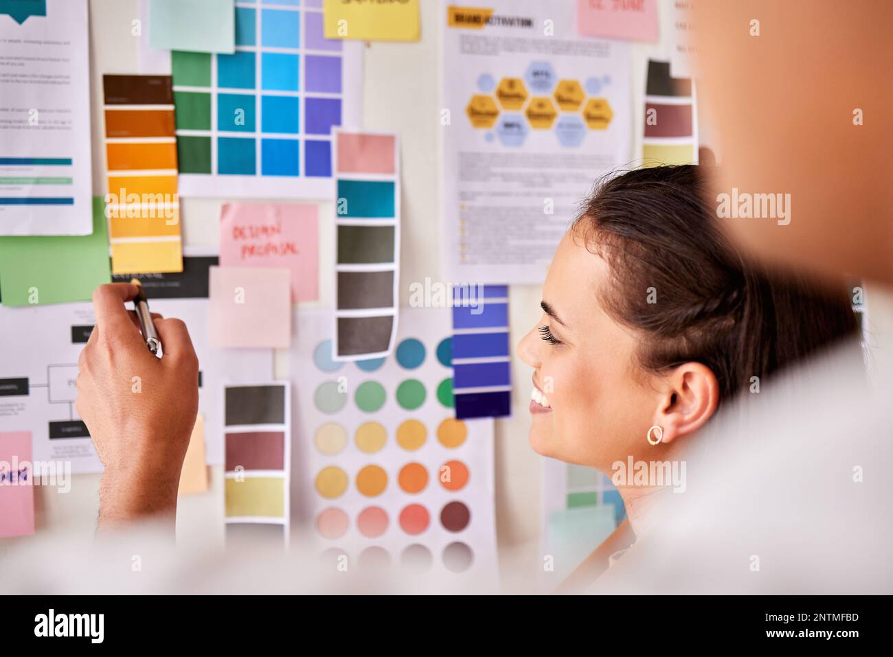 Designer, color palette and people planning creative project, brand development or b2b collaboration advice. Ideas brainstorming on moodboard of Stock Photo