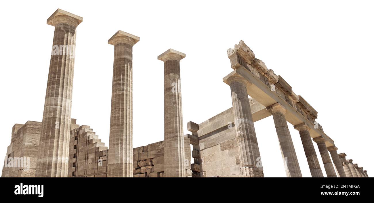 Ancient Greek antique temple facade stone ruins and columns isolated ...