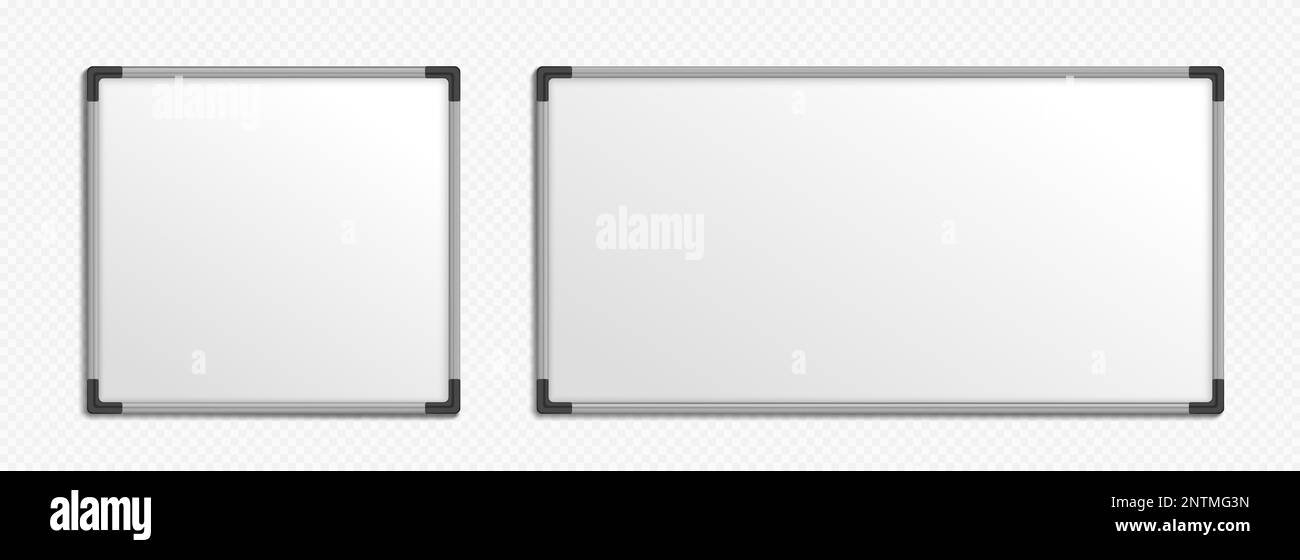Realistic set of square and rectangle whiteboards isolated on transparent background. Vector illustration of blank board templates for school classes, business presentation, information display Stock Vector