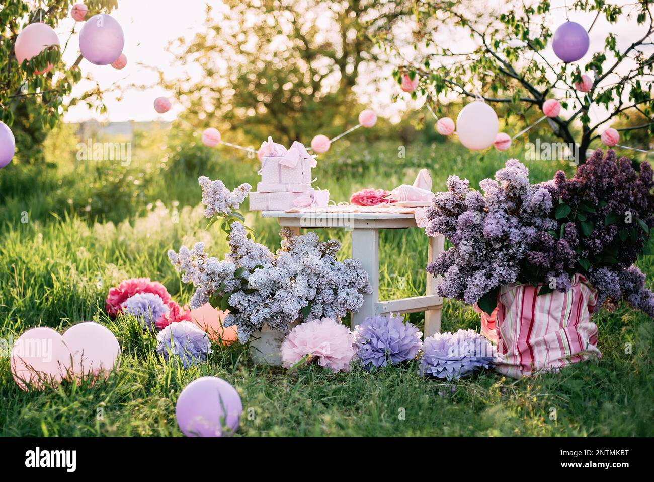 Summer outdoor kids birthday party background. Celebrating birthday in