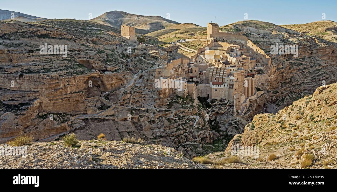 amazing Mar Saba in the Judean Desert in the West Bank is one of the oldest continuously inhabited and isolated Byzantine monasteries Stock Photo