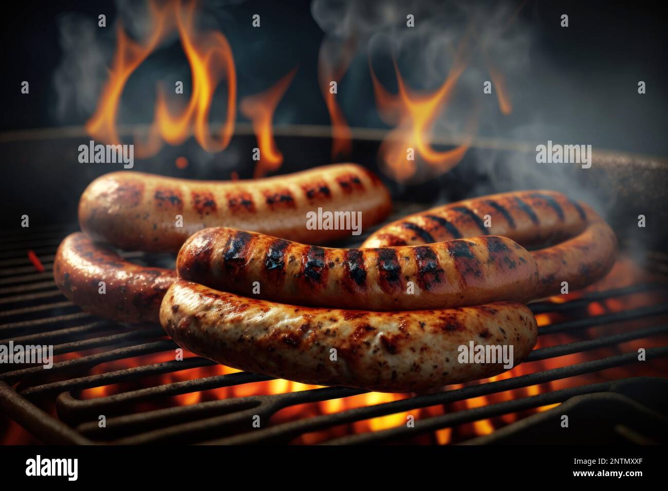 Grilled sausages on the grill, digital illustration painting, Generative AI Stock Photo