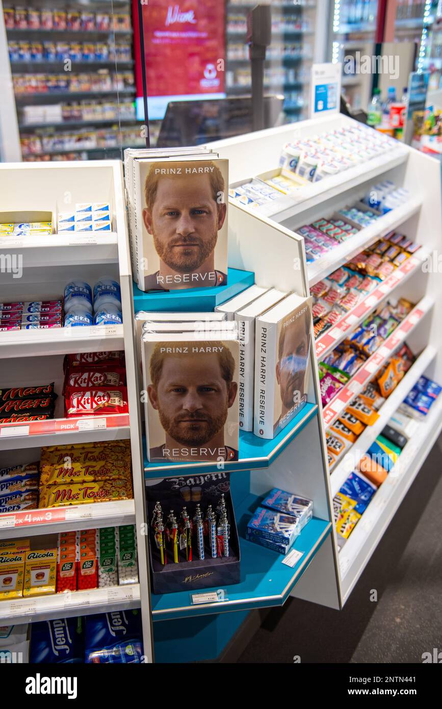 Munich,Germany- February 20,2023: Prince Harry's book is displayed in an airport store in Munich. Stock Photo