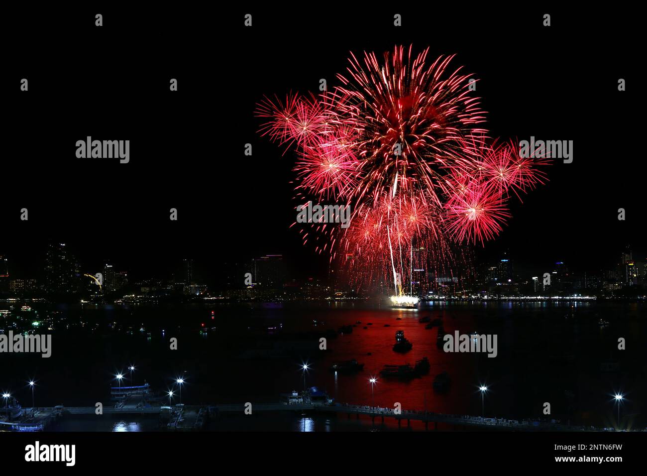 Fireworks show at Pattaya beach, Major attractions of Chonburi Province in Thailand. Stock Photo