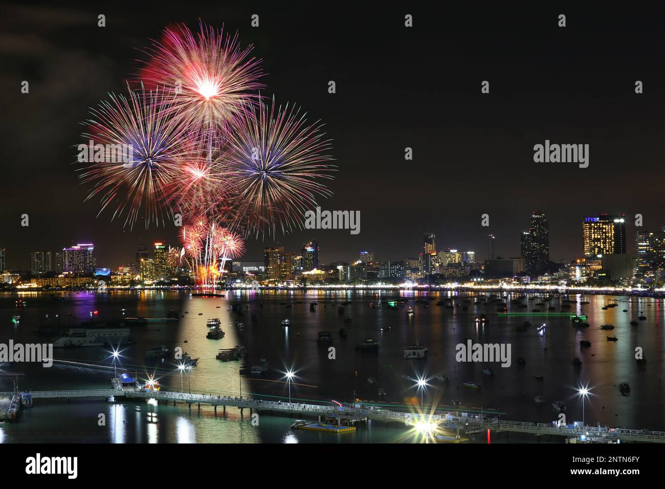 Fireworks show at Pattaya beach, Major attractions of Chonburi Province in Thailand. Stock Photo