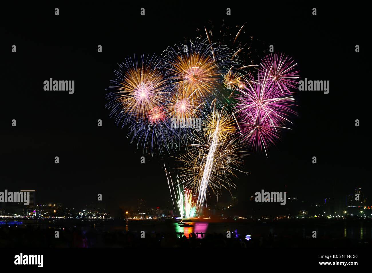 Fireworks show at Pattaya beach, Major attractions of Chonburi Province in Thailand. Stock Photo