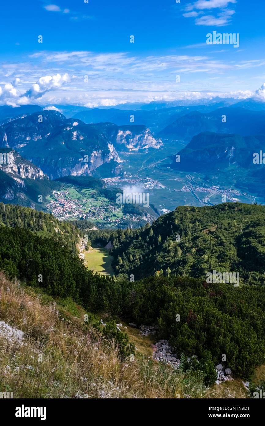 Aerial view on Eisack Valley with the small towns of Mezzolombardo and Mezzocorona from the top of the Cima Paganella mountain. Stock Photo