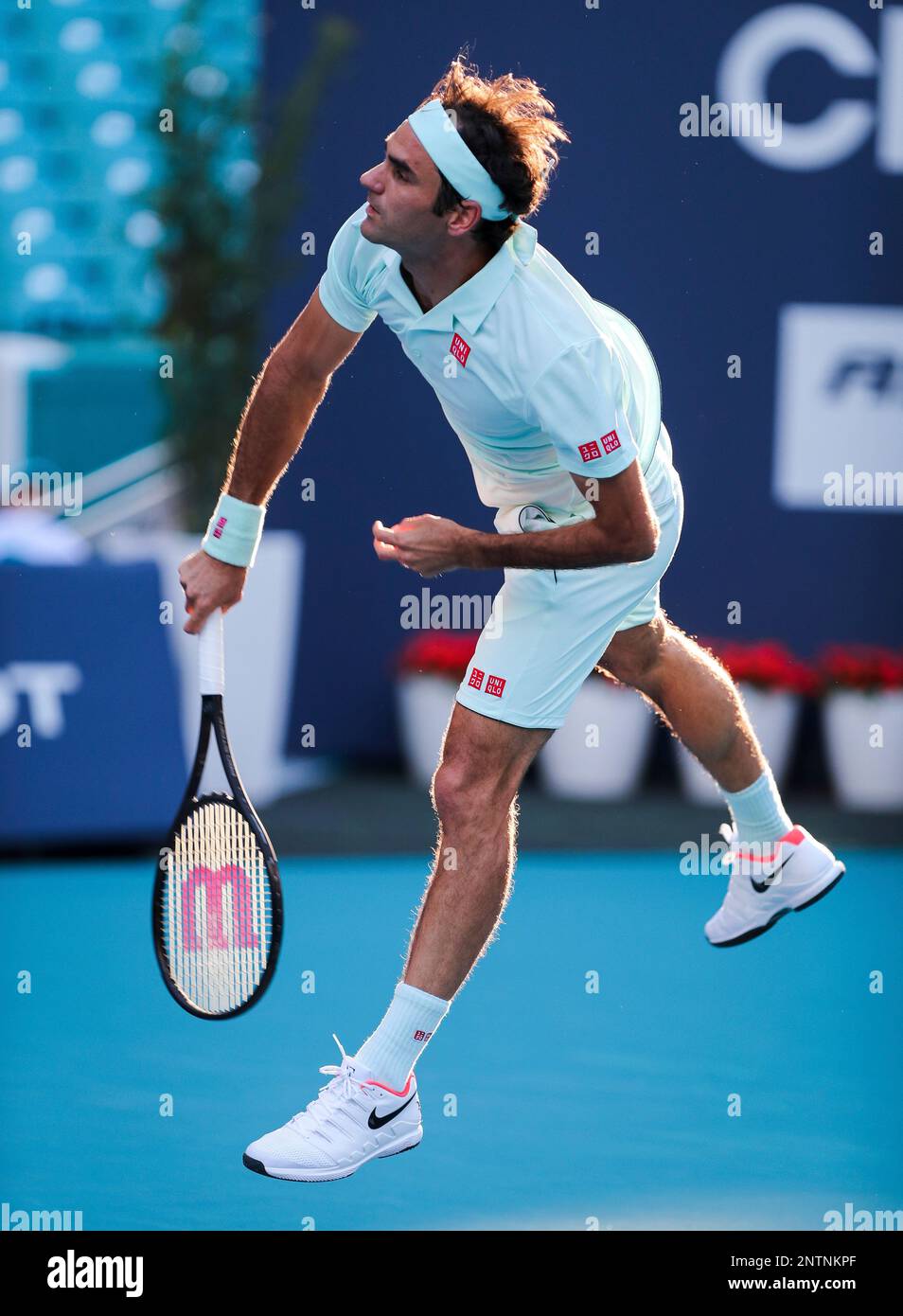 March 23, 2019: Roger Federer, of Switzerland, serves against Radu Albot,  of Moldova, in a second round match during the 2019 Miami Open Presented by  Itau professional tennis tournament, played at the