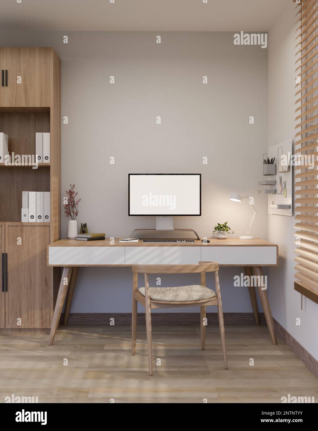 Minimalist workspace interior design with white and wood style with PC computer blank screen mockup on wood table, wood armchair, wood cabinet and whi Stock Photo