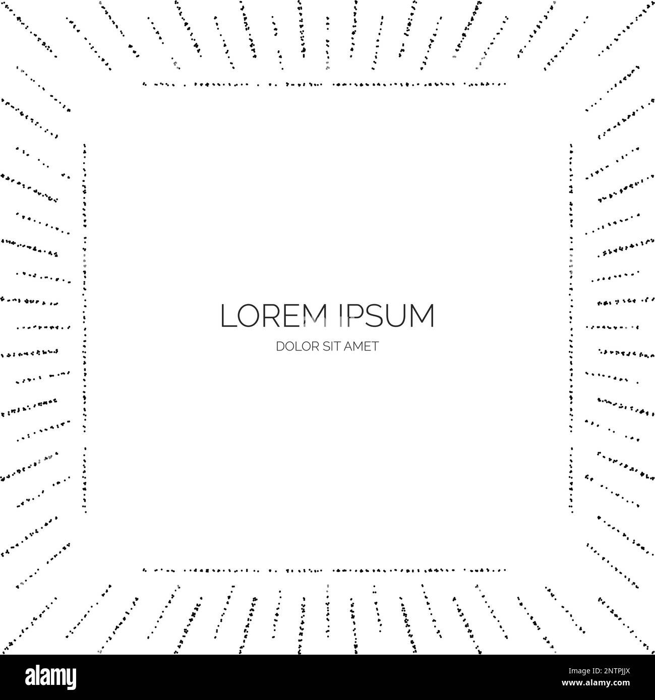 Grainy textured frame. Black stipple dots sunbeams separator and divider. Noise dot rays frame. Vector background  Stock Vector