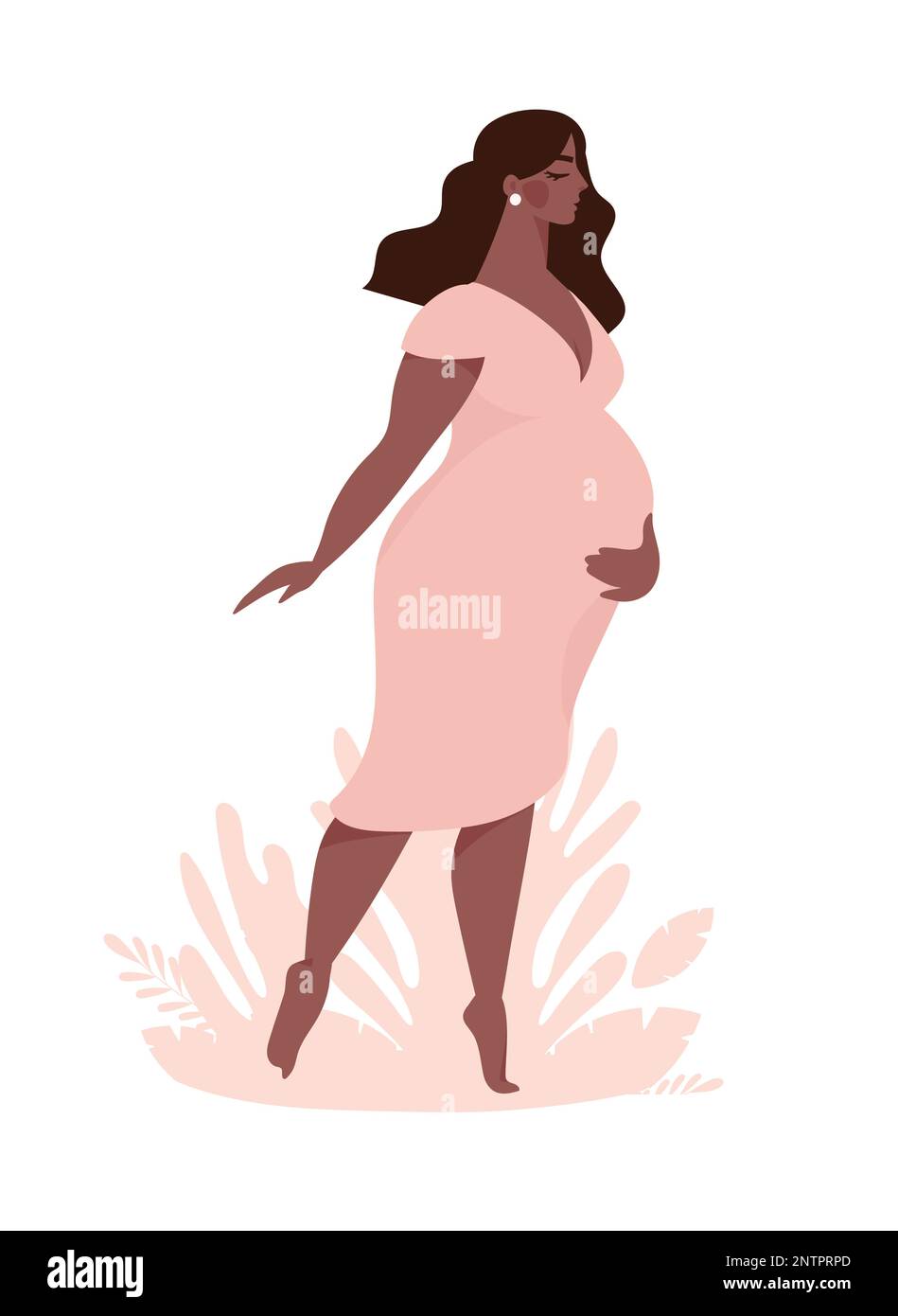 Beautiful pregnant woman on a pink background with a plant, the concept of motherhood and family. Pregnancy, goods for preparation for childbirth. Mod Stock Vector
