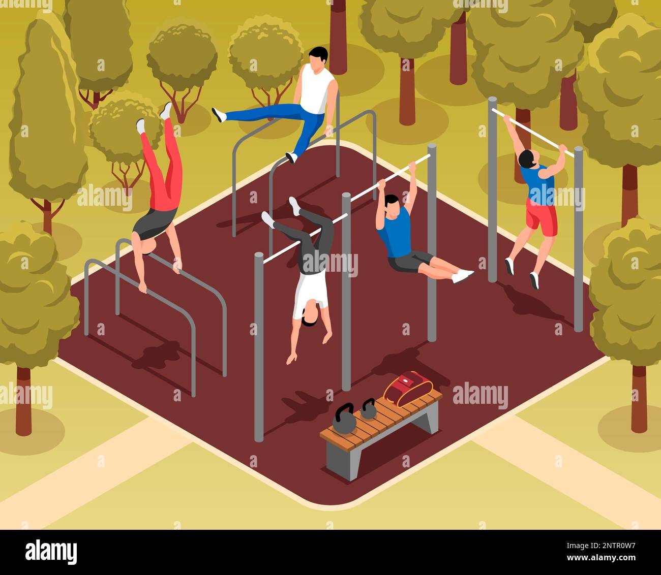 Street workout on sports ground with men doing gymnastic exercises on