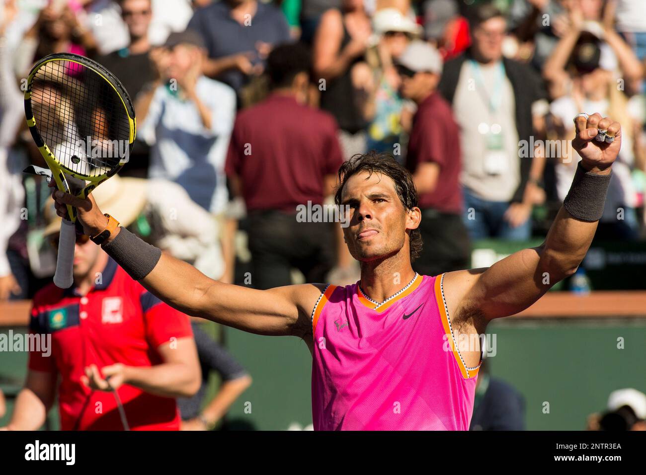 March 15, 2019: Rafael Nadal (ESP) waves to the crowd after he defeated  Karen Khachanov (RUS) 7-6, 7-6 at the BNP Paribas Open at the Indian Wells  Tennis Garden in Indian Wells,