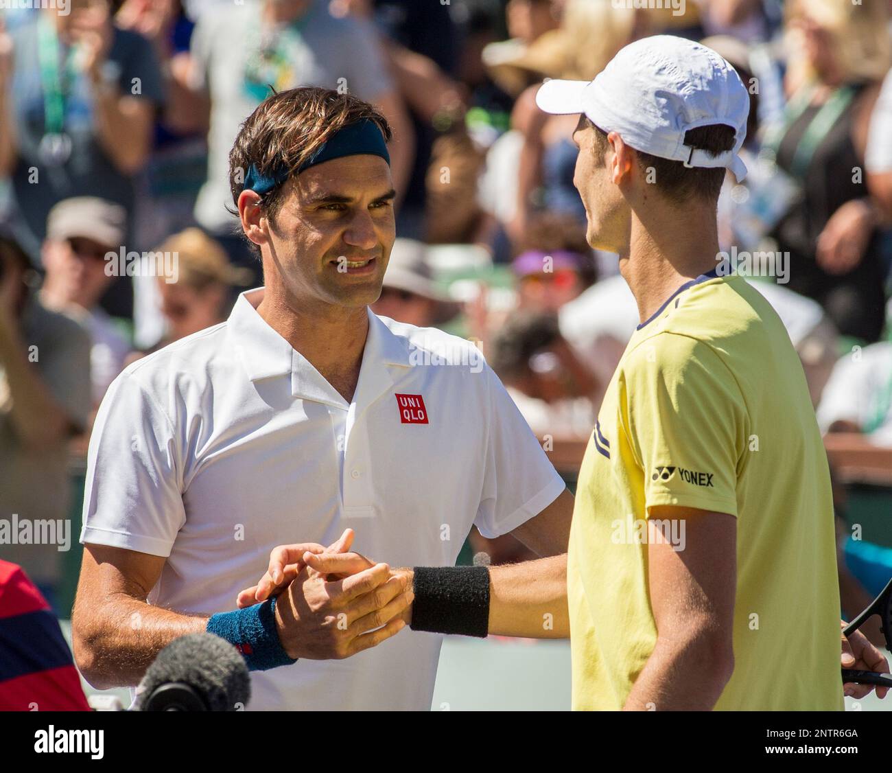 March 15, 2019: Roger Federer (SUI) and Hubert Hurkacz (POL) shake hands  after the match. Federer defeated Hurkacz 6-4, 6-4 at the BNP Paribas Open  at the Indian Wells Tennis Garden in