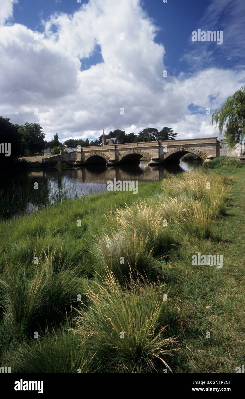 Australia, Tasmania, Ross, the historic 'convict' bridge and church. Stock Photo