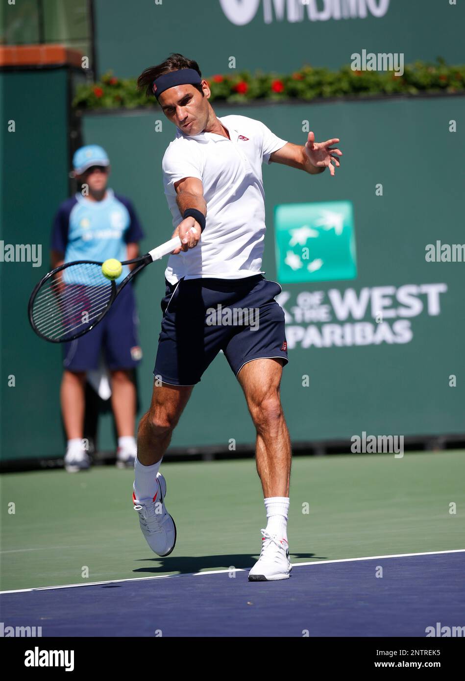 March 13, 2019 Roger Federer (SUI) returns a shot against Kyle Edmund (GBR)  during the 2019 BNP Paribas Open at Indian Wells Tennis Garden in Indian  Wells, California. Charles Baus/CSM(Credit Image: ©