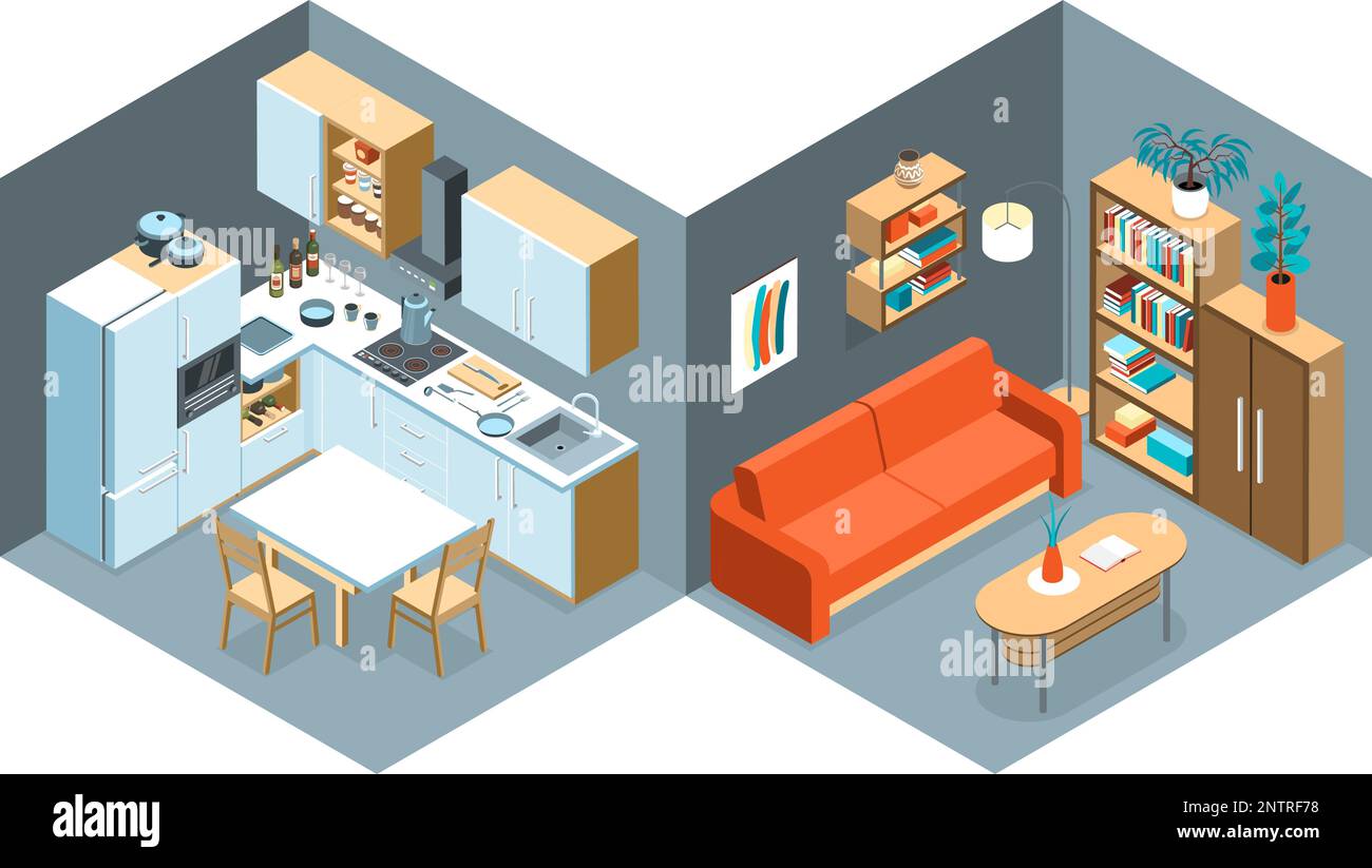 Isometric kitchen interior composition with set of two views with living room and kitchen modern interiors vector illustration Stock Vector