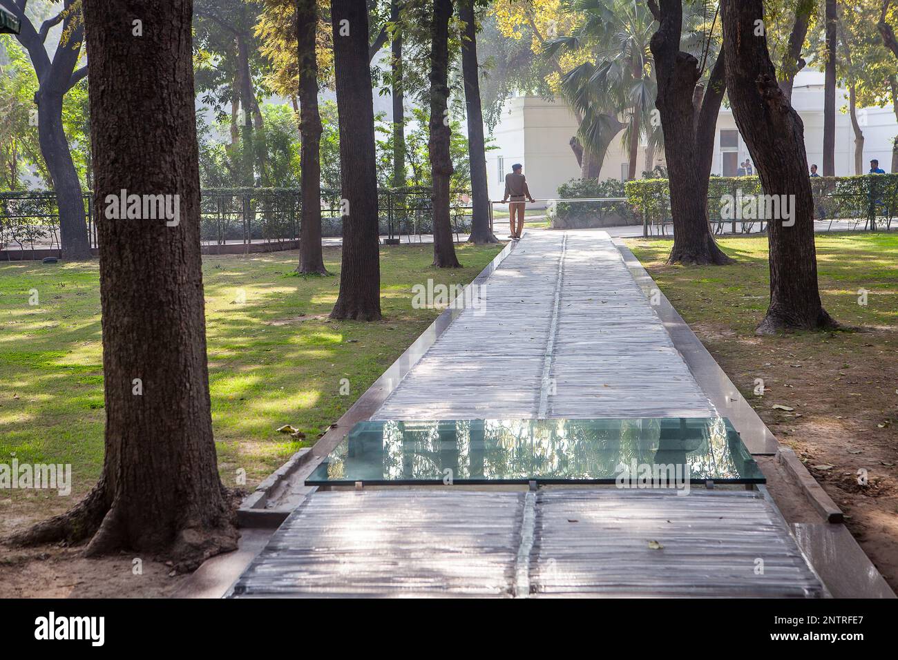 Guard in place where Indira Gandhi was killed, Indira Gandhi Memorial Museum. Place where her Sikh bodyguards sprang out to empty 31 bullets into her. Stock Photo