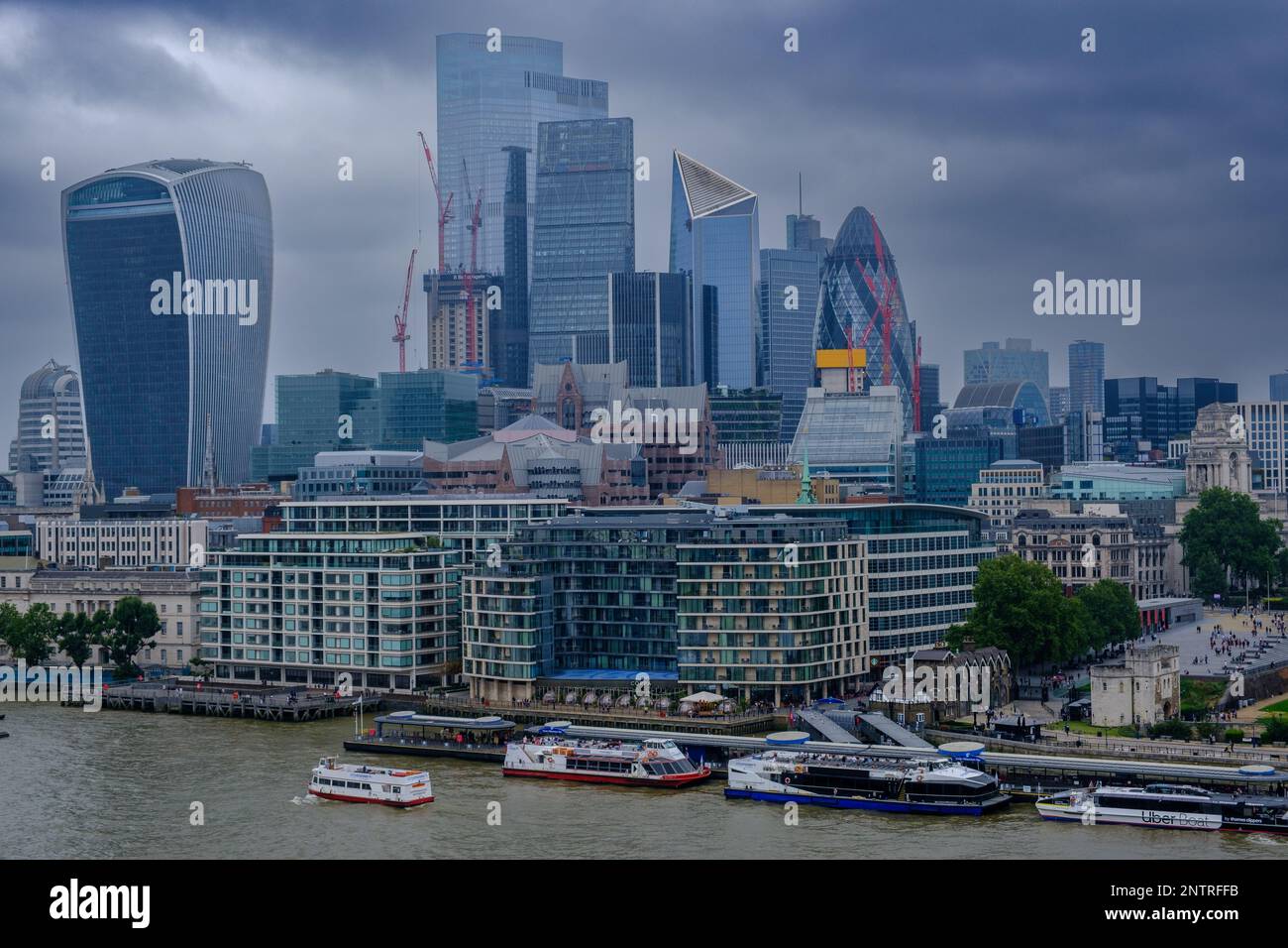London skyline facing north across River Thames including, Gherkin, Walkie Talkie, The Scalpel & Cheese Grater,  in the City of London. Stock Photo