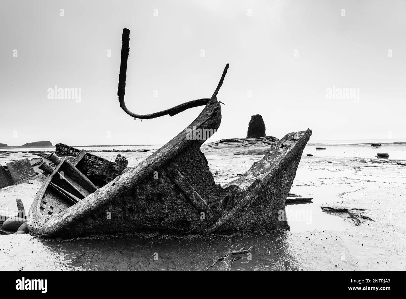 Shipwreck on Saltwick Bay near Whitby with Black Nab in the background