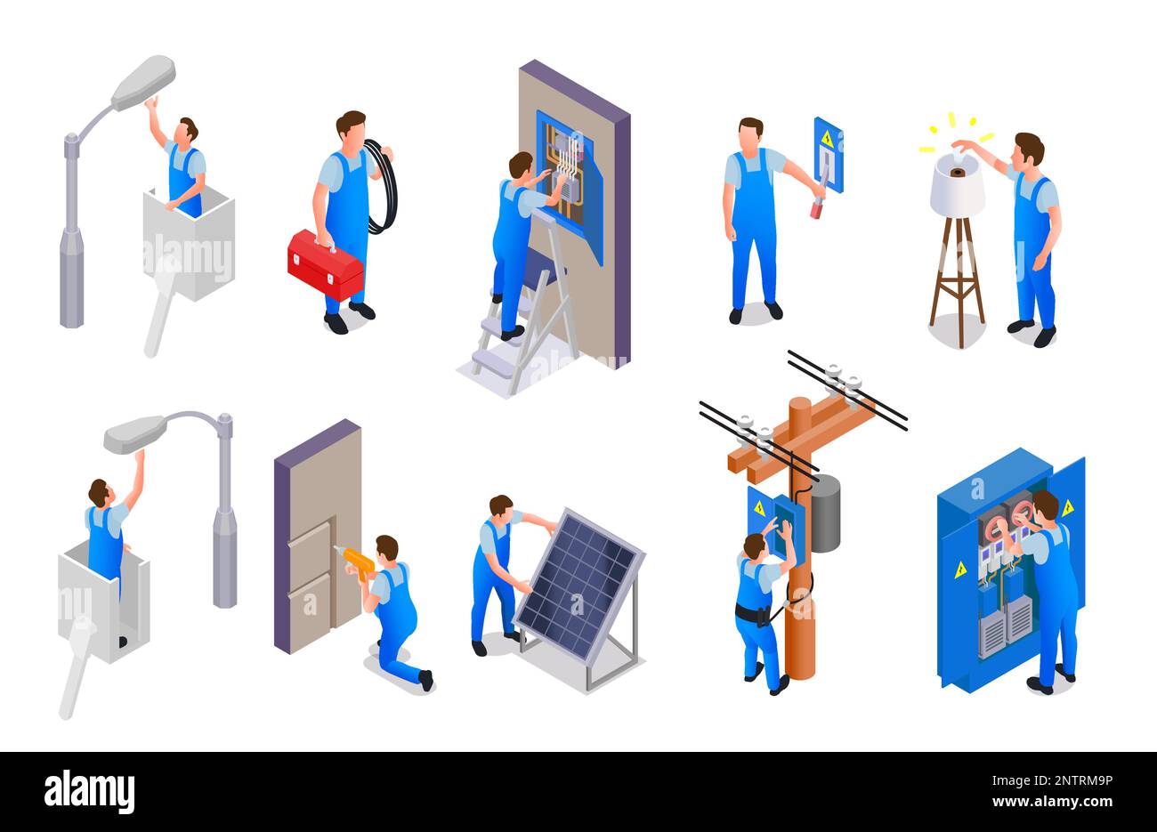 Electrician isometric set of professionals working with solar panels high voltage equipment performing installation electrical works isolated vector i Stock Vector