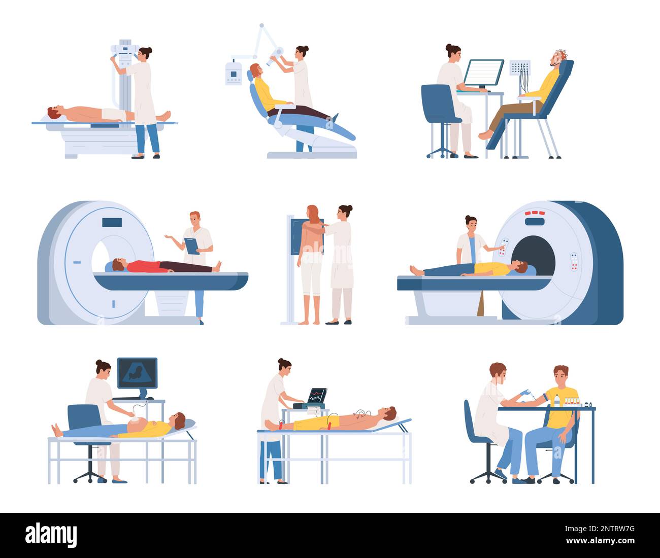 Medical diagnosis equipment flat icon set X rays MRIs CT scans