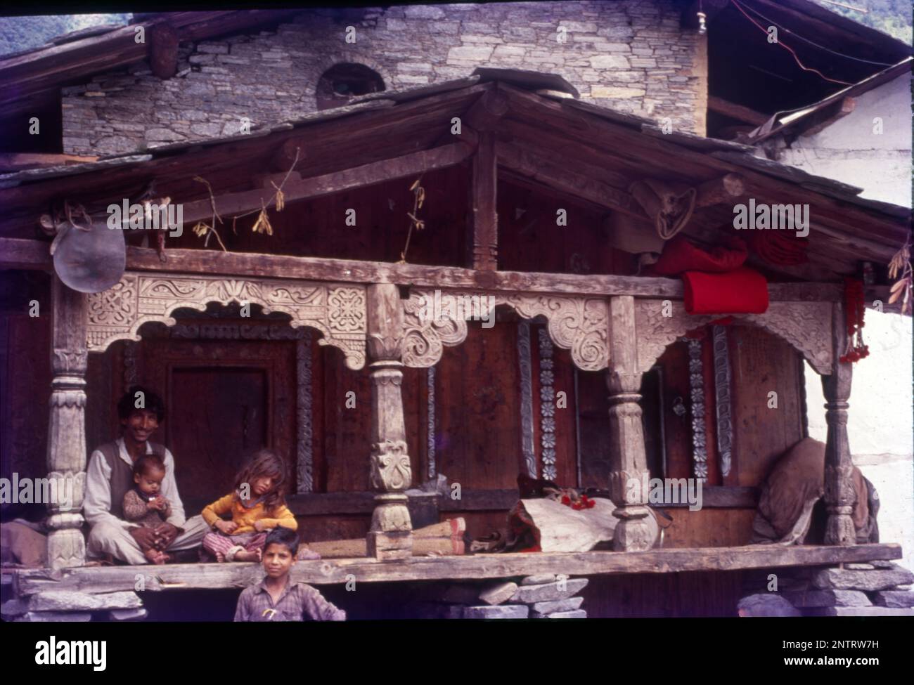 Wooden House, Garhwal, Garhwali Family, Himachal Pradesh, India. Stock Photo