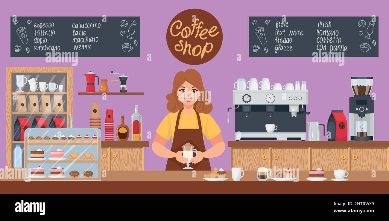 Coffee shop composition with barista behind bar counter vector ...