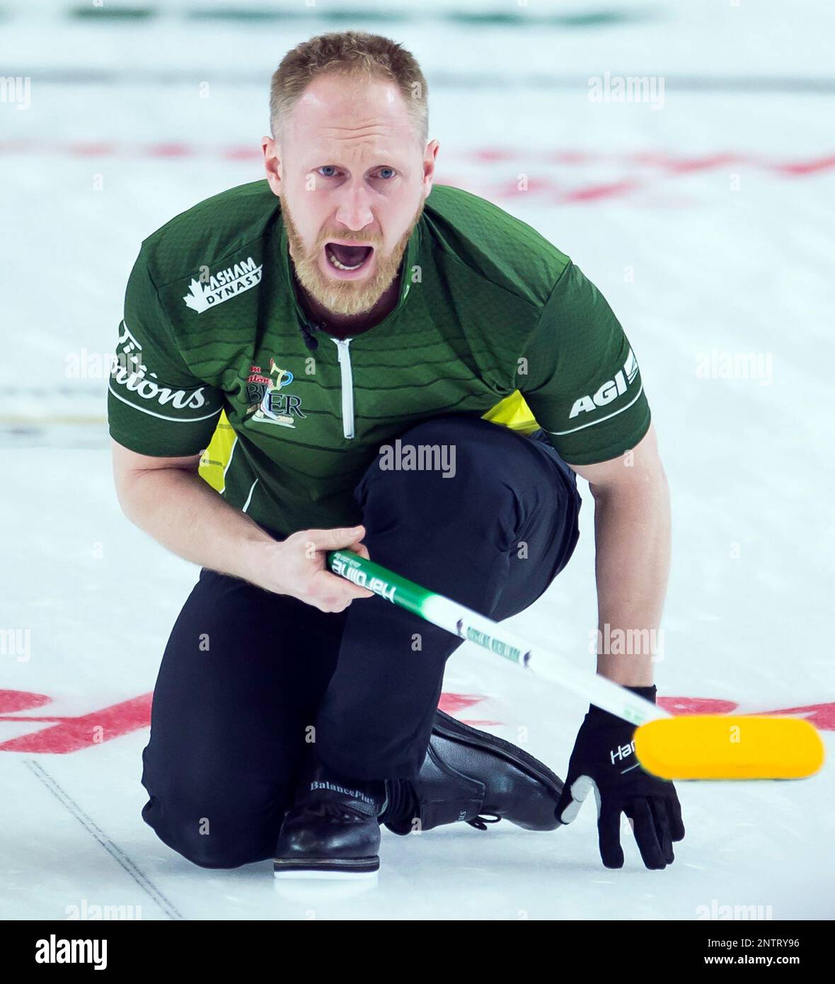 Team Northern Ontario skip Brad Jacobs calls a shot during the