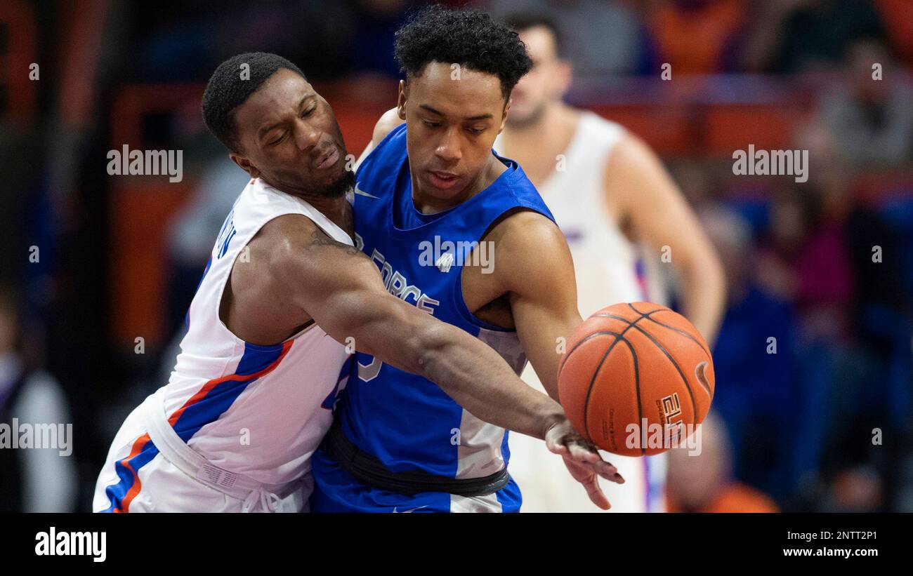 Boise State guard Marcus Dickinson forces a turnover with pressure on