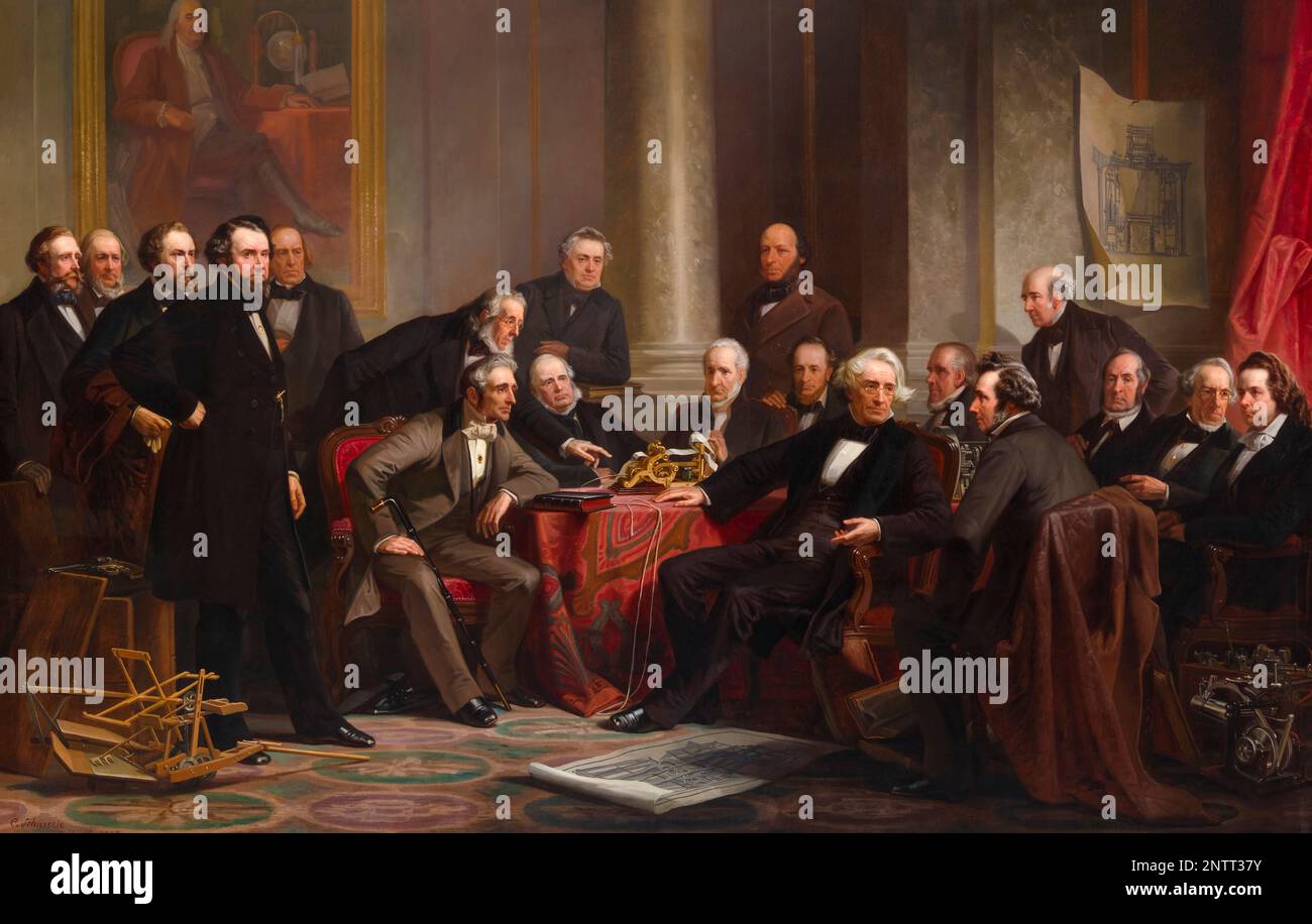 Men of Progress, (19th Century American Inventors and Innovators), portrait painting in oil on canvas by Christian Schussele, 1862 Stock Photo