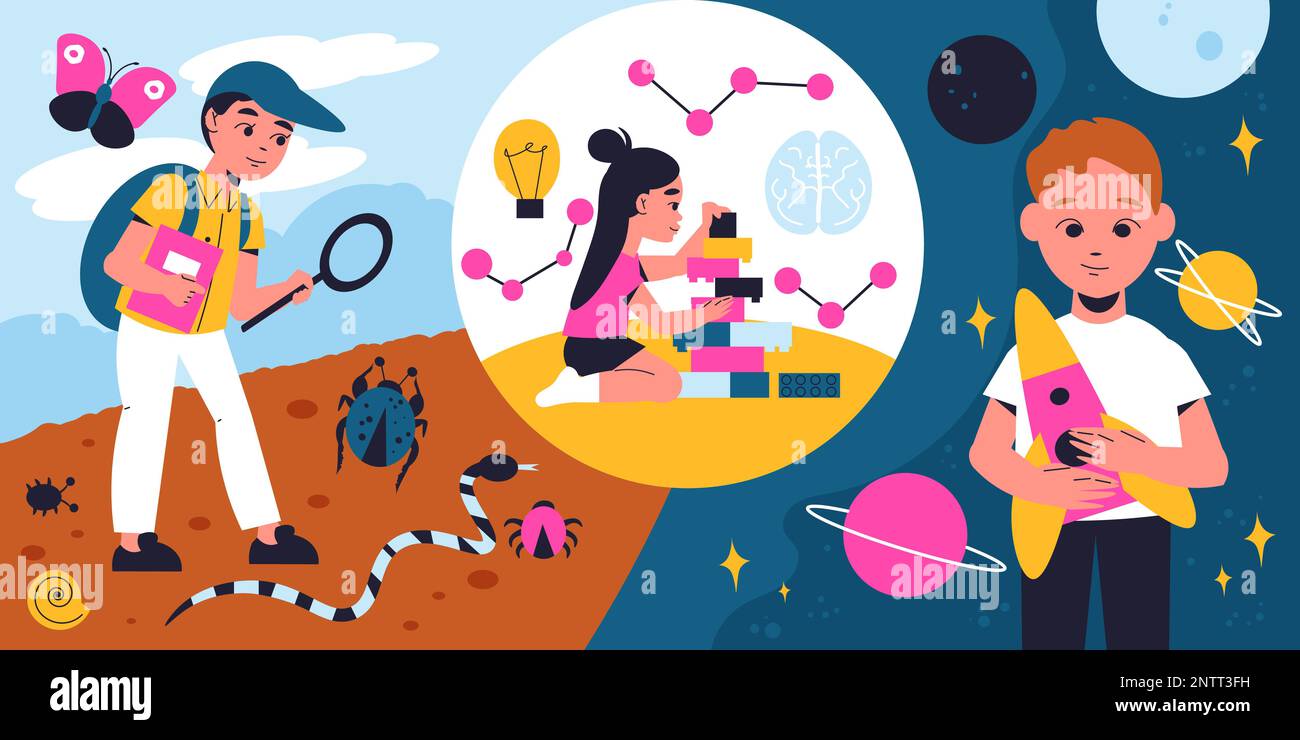 Stem camp children composition with study and explore symbols flat vector illustration Stock Vector